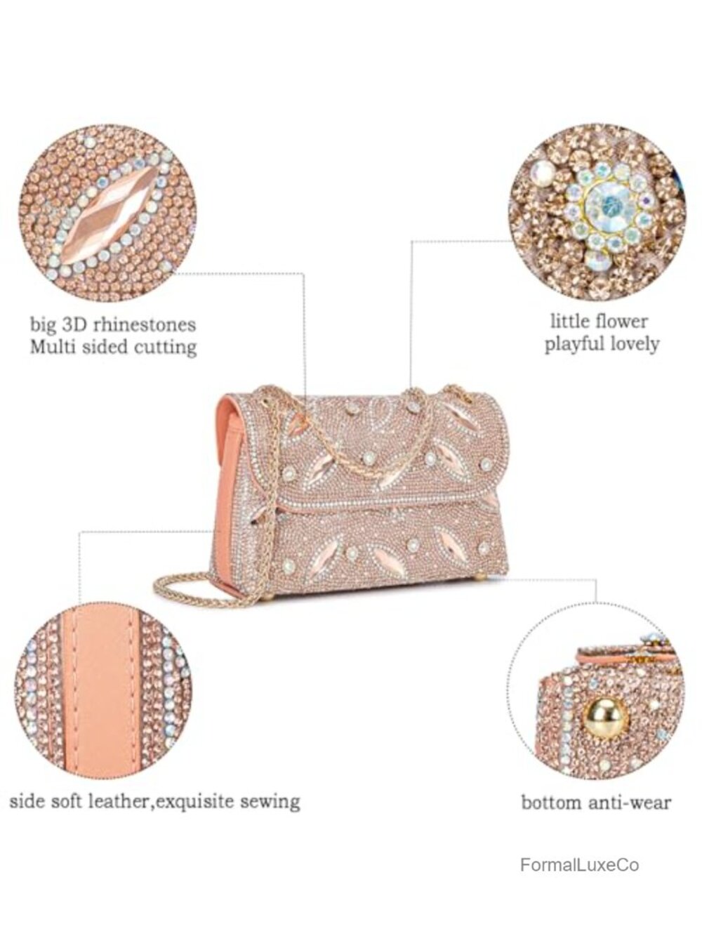 Rhinestone Evening Bag Crossbody Chain Shoulder Clutch Purse Faux Leather - Picture 3 of 6